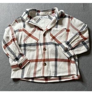 Zara Button-up Jacket Girls 4-5 Years Plaid Rust Red Cream Black Hi-Low Collared
